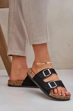 Damskie Boto Materiałowe Klapki Na Korkowej Podeszwie Z Klamrami Czarne Atera