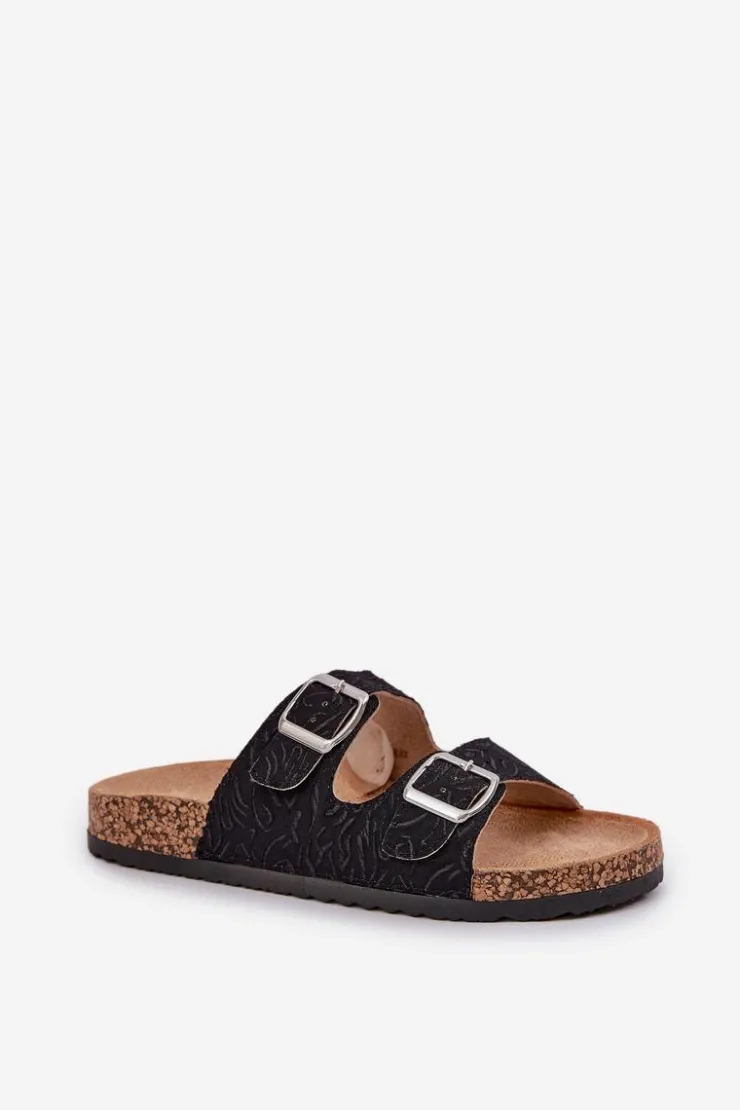 Damskie Boto Materiałowe Klapki Na Korkowej Podeszwie Z Klamrami Czarne Atera