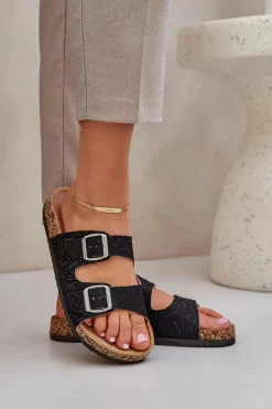 Damskie Boto Materiałowe Klapki Na Korkowej Podeszwie Z Klamrami Czarne Atera