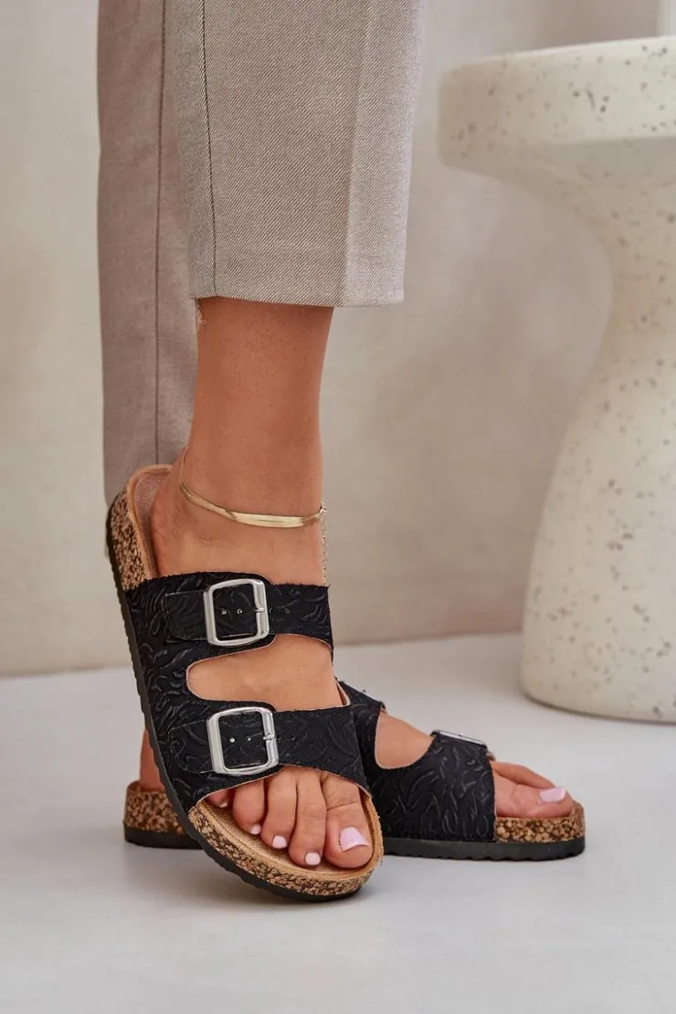 Damskie Boto Materiałowe Klapki Na Korkowej Podeszwie Z Klamrami Czarne Atera