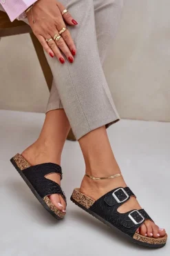 Damskie Boto Materiałowe Klapki Na Korkowej Podeszwie Z Klamrami Czarne Atera