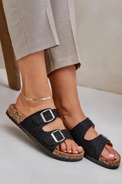 Damskie Boto Materiałowe Klapki Na Korkowej Podeszwie Z Klamrami Czarne Atera