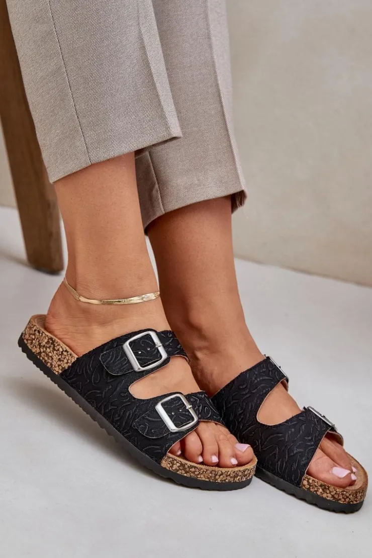 Damskie Boto Materiałowe Klapki Na Korkowej Podeszwie Z Klamrami Czarne Atera