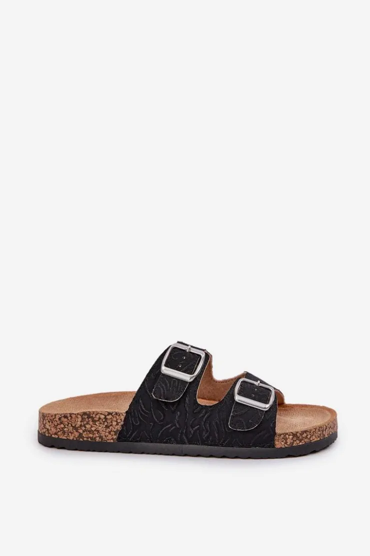 Damskie Boto Materiałowe Klapki Na Korkowej Podeszwie Z Klamrami Czarne Atera