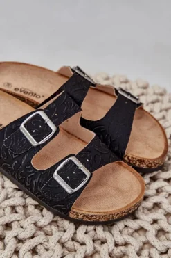 Damskie Boto Materiałowe Klapki Na Korkowej Podeszwie Z Klamrami Czarne Atera