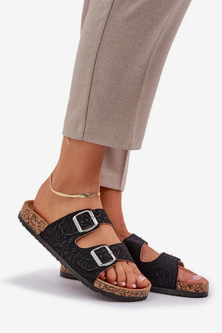 Damskie Boto Materiałowe Klapki Na Korkowej Podeszwie Z Klamrami Czarne Atera