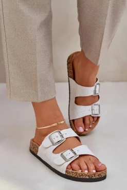 Discount Boto Materiałowe Klapki Na Korkowej Podeszwie Z Klamrami Jasnoszare Atera