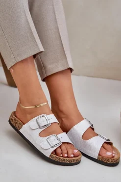 Discount Boto Materiałowe Klapki Na Korkowej Podeszwie Z Klamrami Jasnoszare Atera