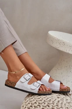 Discount Boto Materiałowe Klapki Na Korkowej Podeszwie Z Klamrami Jasnoszare Atera