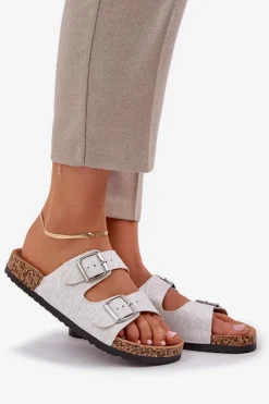 Discount Boto Materiałowe Klapki Na Korkowej Podeszwie Z Klamrami Jasnoszare Atera