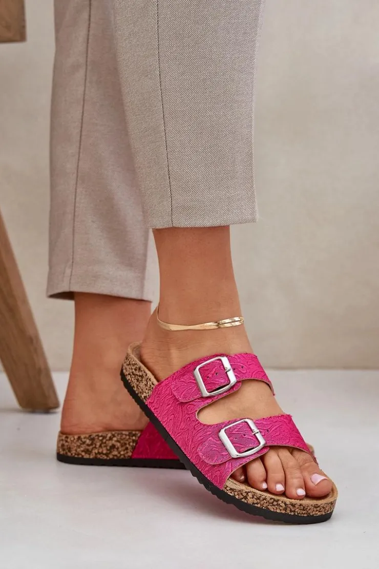 Damskie Boto Materiałowe Klapki Na Korkowej Podeszwie Z Klamrami Fuksja Atera