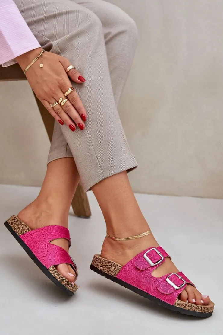 Damskie Boto Materiałowe Klapki Na Korkowej Podeszwie Z Klamrami Fuksja Atera