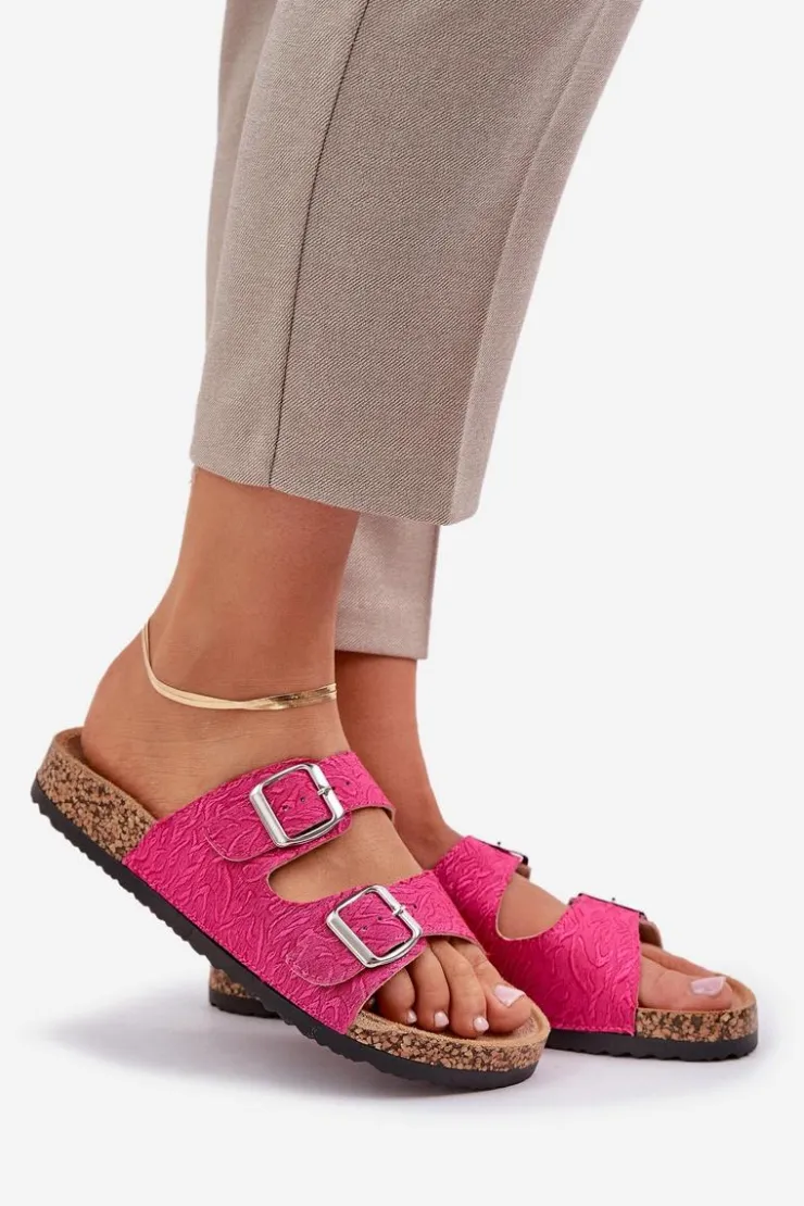 Damskie Boto Materiałowe Klapki Na Korkowej Podeszwie Z Klamrami Fuksja Atera