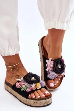 New Boto Materiałowe Klapki Z Kwiatami Czarne Nessa