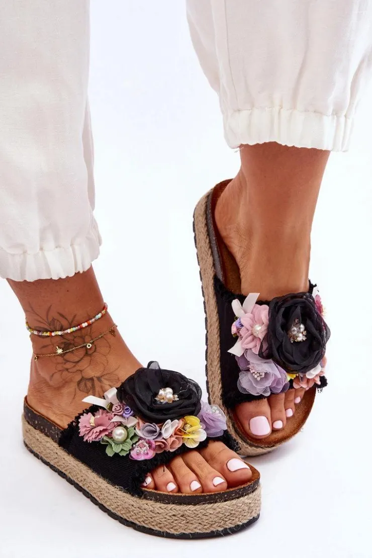 New Boto Materiałowe Klapki Z Kwiatami Czarne Nessa