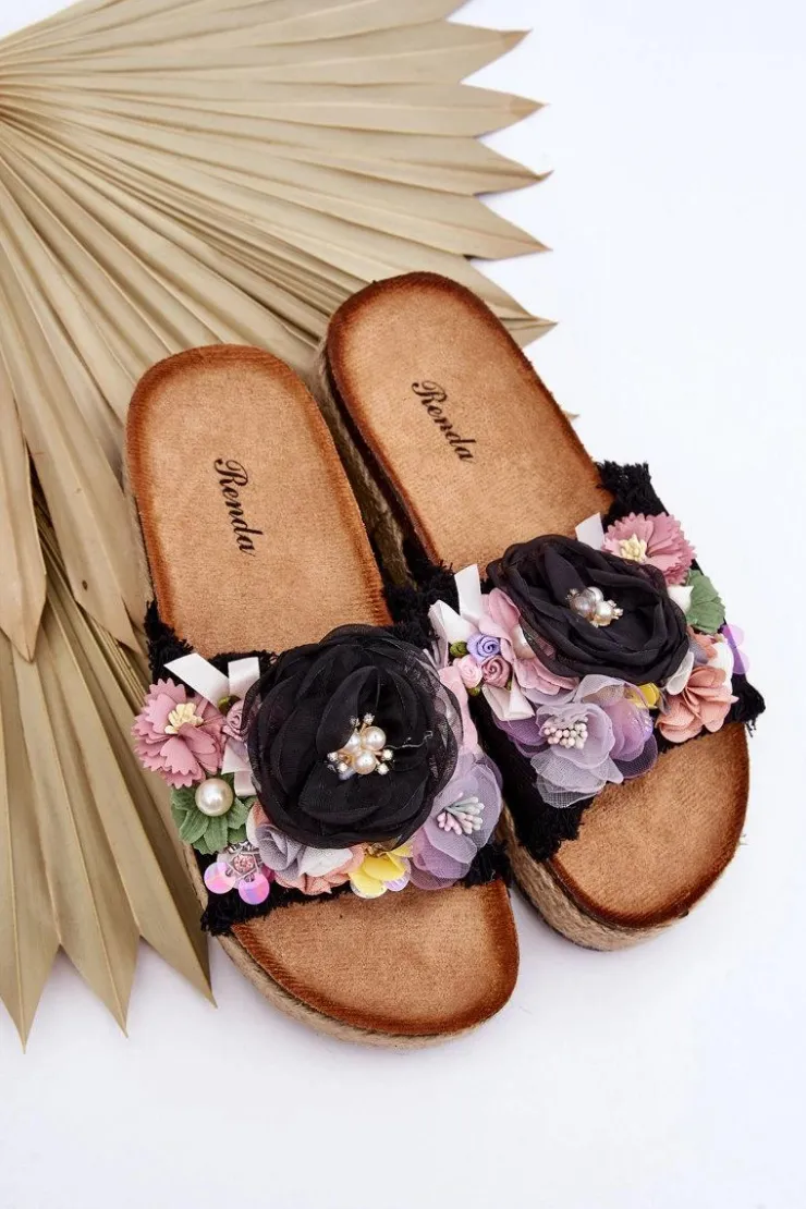 New Boto Materiałowe Klapki Z Kwiatami Czarne Nessa