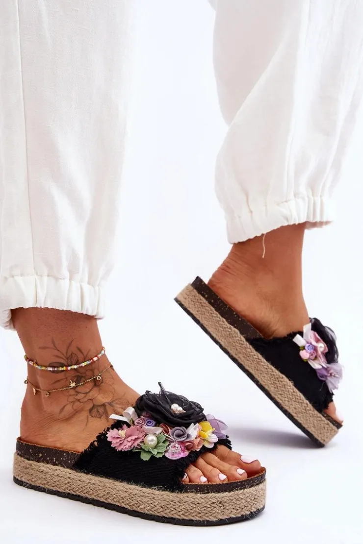 New Boto Materiałowe Klapki Z Kwiatami Czarne Nessa