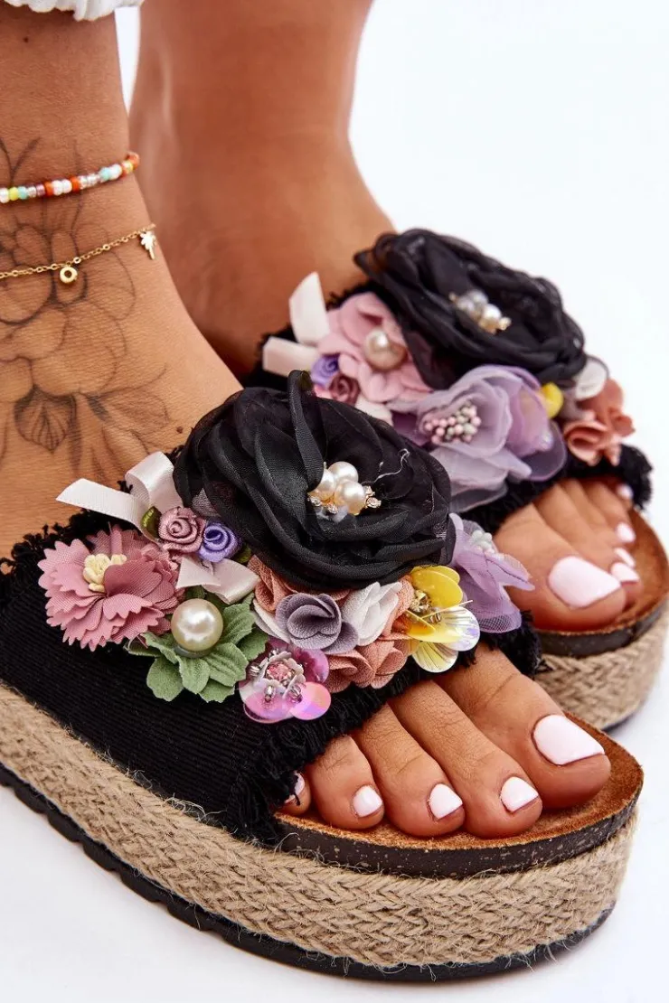 New Boto Materiałowe Klapki Z Kwiatami Czarne Nessa