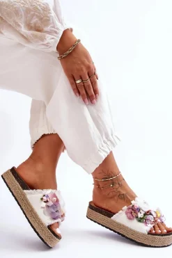 Damskie Boto Materiałowe Klapki Z Kwiatami Białe Nessa