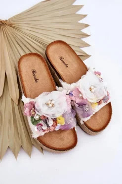 Damskie Boto Materiałowe Klapki Z Kwiatami Białe Nessa