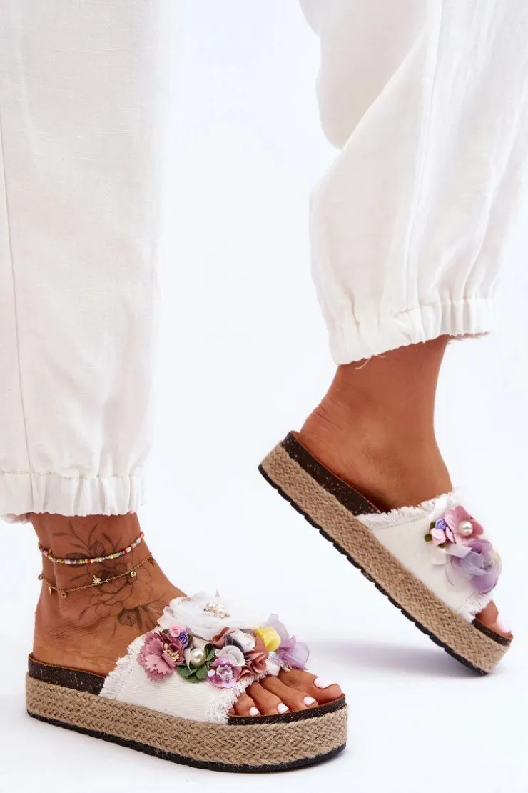 Damskie Boto Materiałowe Klapki Z Kwiatami Białe Nessa