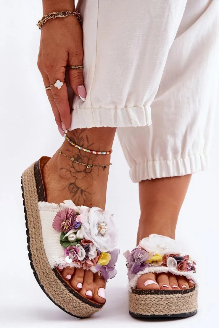 Damskie Boto Materiałowe Klapki Z Kwiatami Białe Nessa