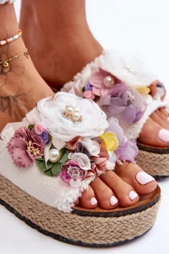 Damskie Boto Materiałowe Klapki Z Kwiatami Białe Nessa