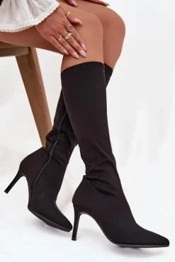 Damskie Damskie buty S.Barski Materiałowe Kozaki Damskie Na Szpilce S.Barski HY52-513 Czarne