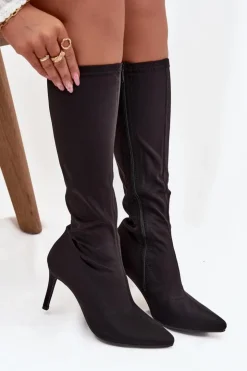 Damskie Damskie buty S.Barski Materiałowe Kozaki Damskie Na Szpilce S.Barski HY52-513 Czarne