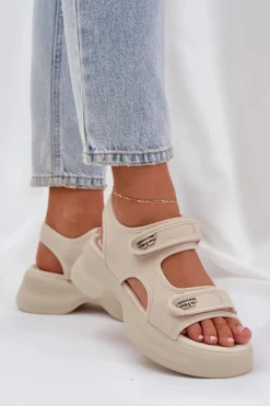 Boto Sandały Płaskie*Materiałowe Lekkie Sandały Na Platformie Jasnobeżowe Deniffia Beżowy