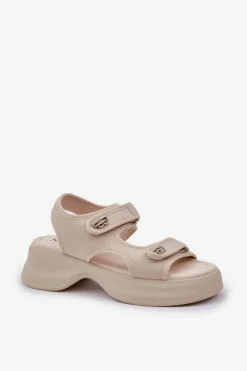 Boto Sandały Płaskie*Materiałowe Lekkie Sandały Na Platformie Jasnobeżowe Deniffia Beżowy