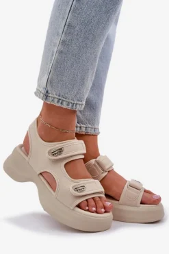Boto Sandały Płaskie*Materiałowe Lekkie Sandały Na Platformie Jasnobeżowe Deniffia Beżowy