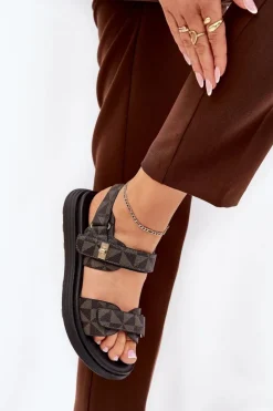 Boto Sandały Płaskie*Materiałowe Sandały Damskie Na Platformie Czarno-Brązowe Leriot