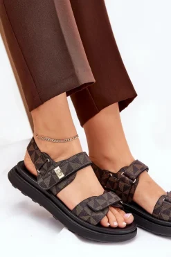 Boto Sandały Płaskie*Materiałowe Sandały Damskie Na Platformie Czarno-Brązowe Leriot