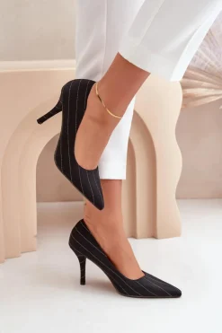 New Boto Materiałowe Szpilki Damskie W Paski Czarne Tifidra Czarny