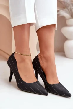 New Boto Materiałowe Szpilki Damskie W Paski Czarne Tifidra Czarny