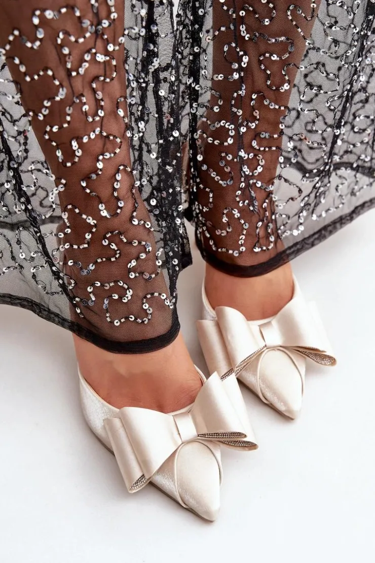 Damskie Boto Materiałowe Szpilki Z Kokardą Złote Selatea