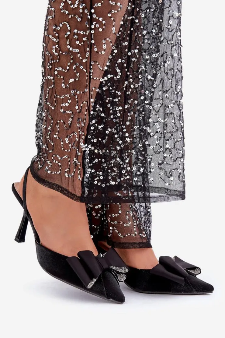 Damskie Boto Materiałowe Szpilki Z Kokardą Czarne Selatea