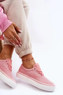Damskie Big Star Shoes Materiałowe Tenisówki Na Platformie Big Star LL274147 Różowe