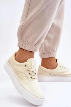 Damskie Big Star Shoes Materiałowe Tenisówki Na Platformie Big Star LL274144 Jasnożółte