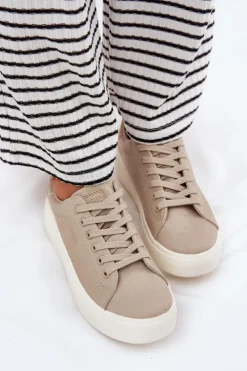 Big Star Shoes Trampki Damskie Big Star|Trampki Damskie Niskie*Materiałowe Trampki Damskie Na Platformie Big Star RR274465 Beżowe