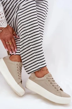 Big Star Shoes Trampki Damskie Big Star|Trampki Damskie Niskie*Materiałowe Trampki Damskie Na Platformie Big Star RR274465 Beżowe