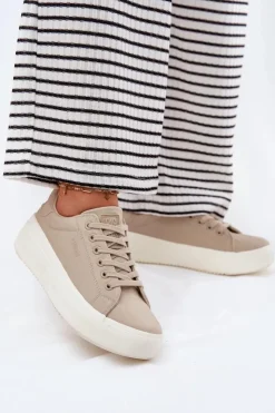 Big Star Shoes Trampki Damskie Big Star|Trampki Damskie Niskie*Materiałowe Trampki Damskie Na Platformie Big Star RR274465 Beżowe