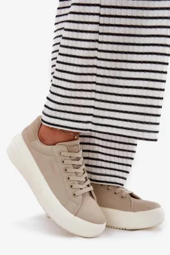 Big Star Shoes Trampki Damskie Big Star|Trampki Damskie Niskie*Materiałowe Trampki Damskie Na Platformie Big Star RR274465 Beżowe