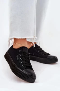 Big Star Shoes Trampki Damskie Big Star|Trampki Damskie Niskie*Materiałowe Trampki Damskie Na Platformie Big Star RR274775 Czarne Czarny