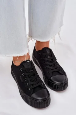 Big Star Shoes Trampki Damskie Big Star|Trampki Damskie Niskie*Materiałowe Trampki Damskie Na Platformie Big Star RR274775 Czarne Czarny