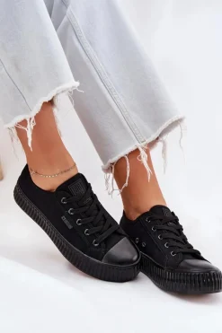 Big Star Shoes Trampki Damskie Big Star|Trampki Damskie Niskie*Materiałowe Trampki Damskie Na Platformie Big Star RR274775 Czarne Czarny