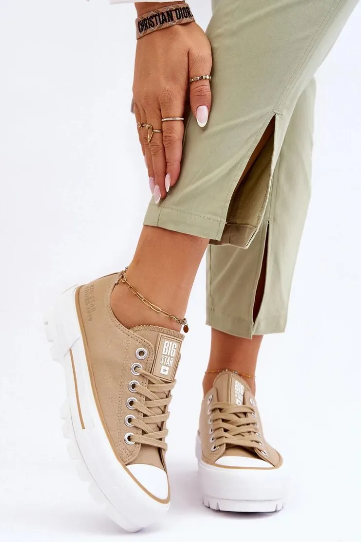 Big Star Shoes Trampki Damskie Big Star|Trampki Damskie Niskie*Materiałowe Trampki Na Platformie Big Star LL274154 Beżowe