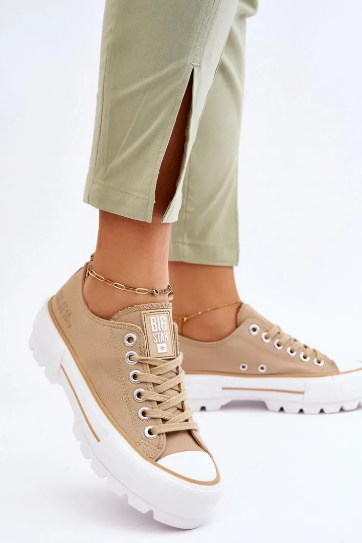 Big Star Shoes Trampki Damskie Big Star|Trampki Damskie Niskie*Materiałowe Trampki Na Platformie Big Star LL274154 Beżowe