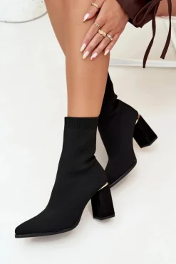 Damskie Boto Materiałowe Wsuwane Botki Damskie Na Słupku Czarne Virelle